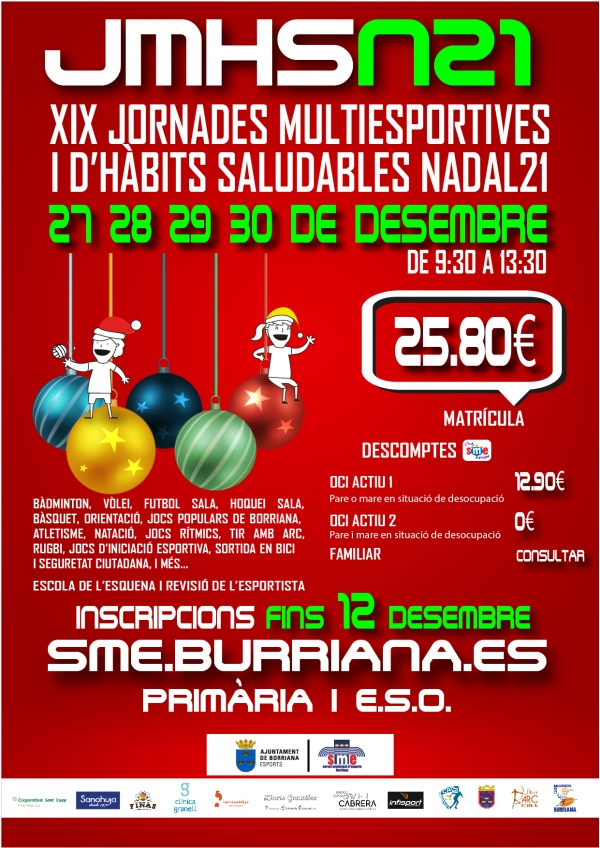 El Servei Municipal d’Esports (SME) de Borriana abre la inscripción para participar en las Jornadas Multideportivas y de Hábitos Saludables de Navidad 2021 