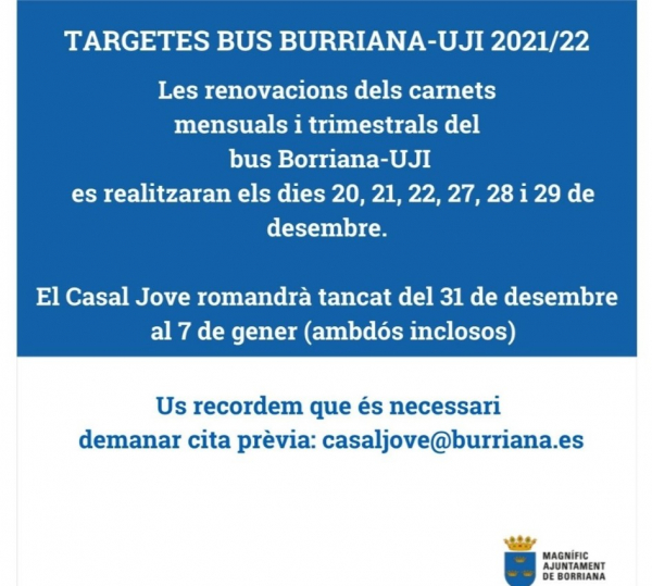 Abierto el plazo para solicitar las tarjetas del bus Burriana-UJI delsegundo semestre del curso 2021-2022