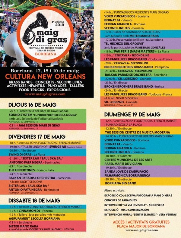 El próximo viernes llega a Borriana la cuarta edición del festival de música negra y de calle Maig di Gras